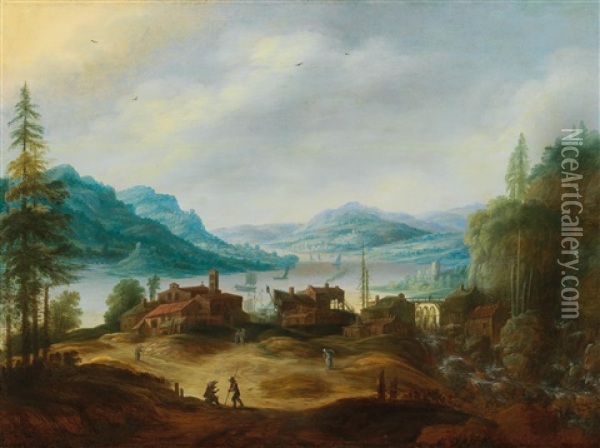 A Mountainous River Landscape Oil Painting - Jan Tilens