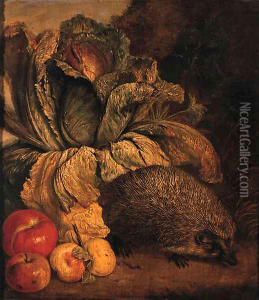 A hedgehog, a cabbage and apples at the foot of a tree Oil Painting - Philipp Sauerland
