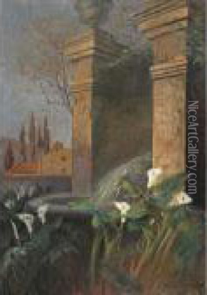 Calla Lilies By A Fountain In A Courtyard Oil Painting - Olaf Viggo Peter Langer