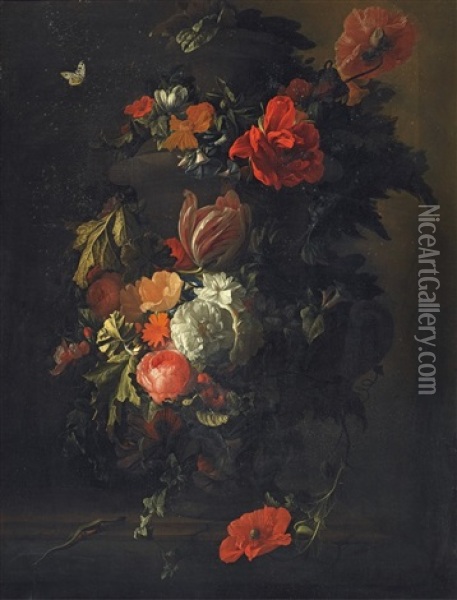 A Vase With Roses, Tulips, Anemones And Vine Leafs Oil Painting - Elias van den Broeck