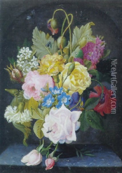 Opstilling Med Roser, Nelliker Og Valmuer I En Vase Oil Painting - Christian Juel Moellback