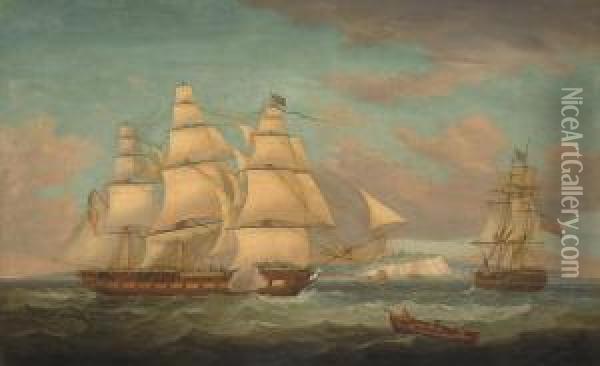 An East Indiaman In Two Positions Off Dover Calling For A Pilot Oil Painting - Charles Augustus Jnr Mornewick
