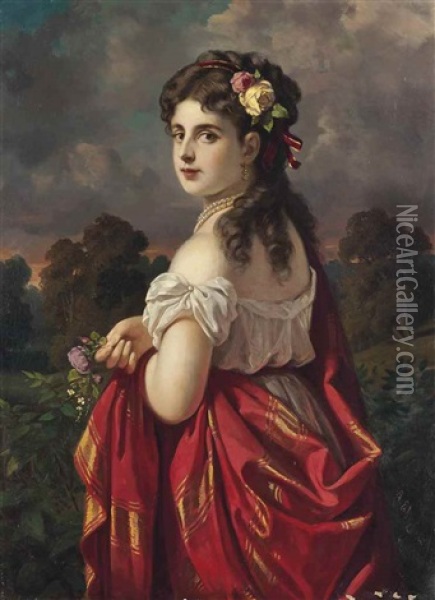 The Red Shawl Oil Painting - Anton Ebert