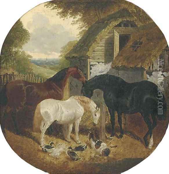 Horses, ducks and a goat, in a farmyard Oil Painting - John Frederick Jnr Herring