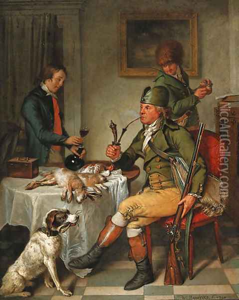 A sportsman after the chase, smoking in an interior Oil Painting - Wybrand Hendriks
