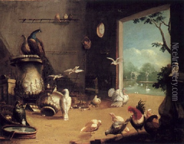 Chickens With Turkeys, A Peacock, A Peahen And Other Birds  In A Barn, A View To A Park Beyond Oil Painting - Melchior de Hondecoeter