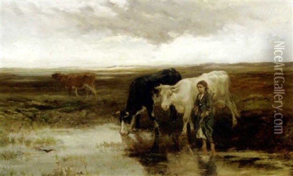 Morgenstond: A Shepherd Girl Leading Her Cattle To Water Oil Painting - Willem Maris