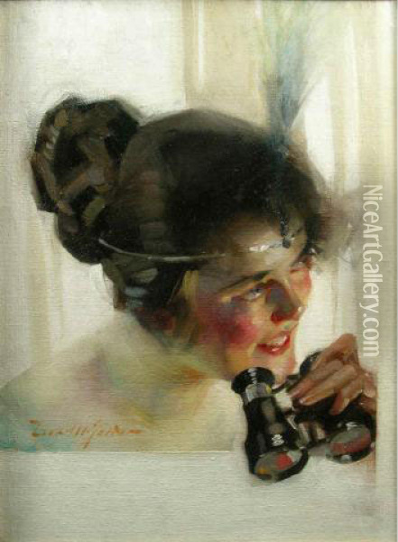 Flapper Girl With Binoculars Oil Painting - Leon Gordon