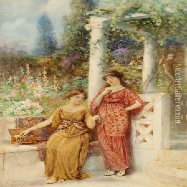 Two Italian Ladies In A Park Are Admiring Jewels Oil Painting - Vasili Aleksandrovich Kotarbinskii