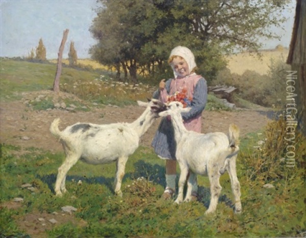 Zwei Ziegen Stibitzen Von Den Blumen Eines Kleinen Madchens Oil Painting - Theodor Feucht
