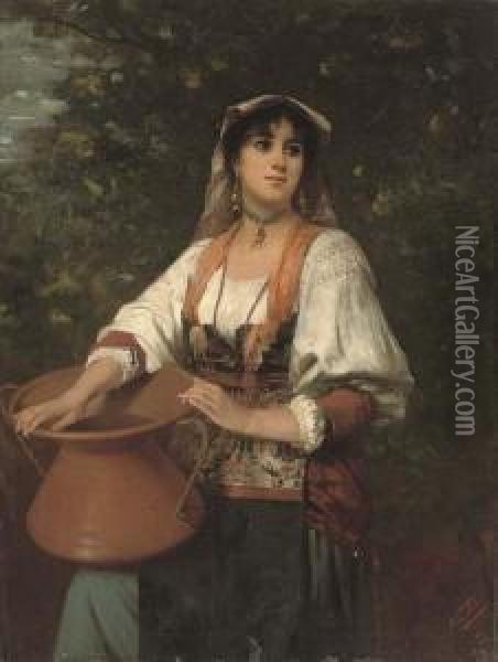 Italian Beauty Holding A Ewer Oil Painting - Nathaniel Sichel
