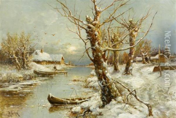 River Landscape In Winter Oil Painting - Iulii Iul'evich (Julius) Klever