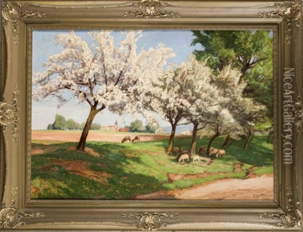Landschaft Im Fruhling Mit Bluhenden Obstbaumen Und Schafen Oil Painting - Georg Macco