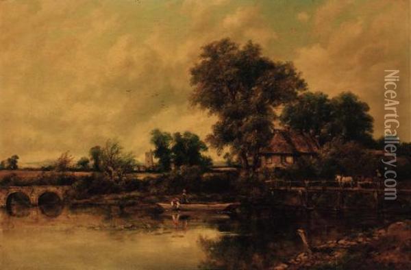 An Extensive Wooded River 
Landscape With Figures In A Punt And A Horse And Cart On A Bridge, A 
Village Beyond Oil Painting - Frederick Waters Watts