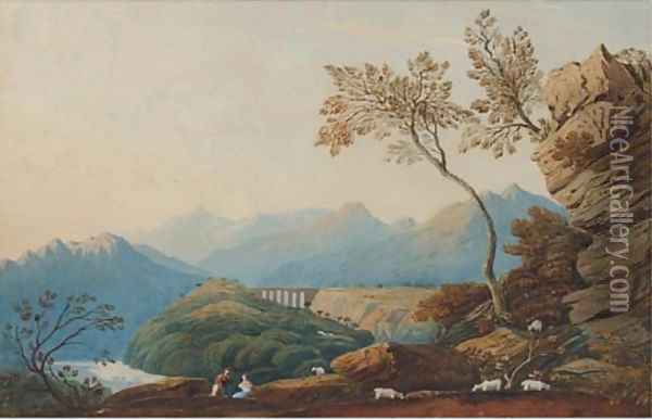Figures and sheep before a viaduct Oil Painting - John Varley
