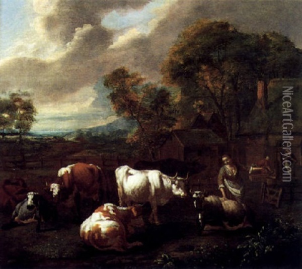 Hirtin Mit Kuhen Vor Einem Dorf Oil Painting - Dirk van Bergen