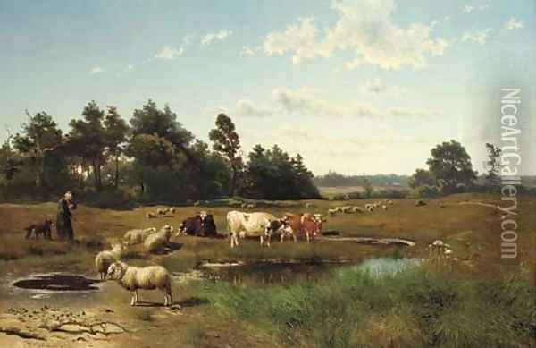 A summer landscape with cattle grazing Oil Painting - Johan Daniel Koelmann