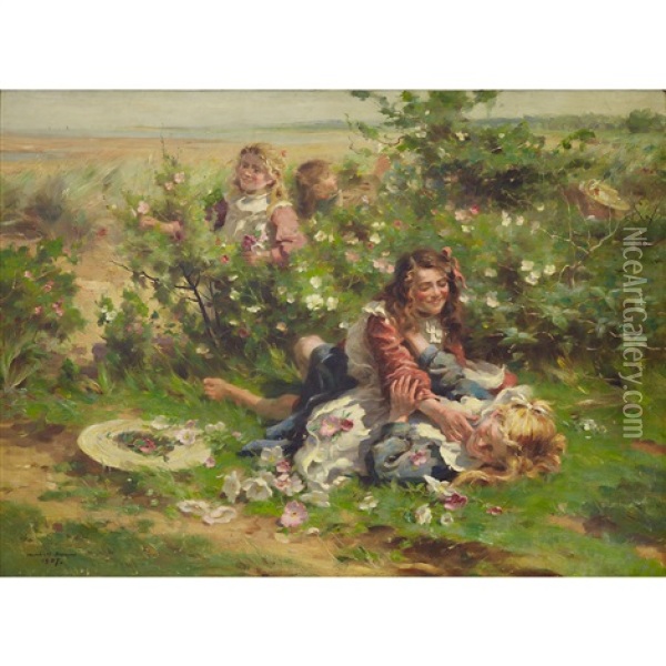 Young Girls Playing In A Garden Oil Painting - William Marshall Brown