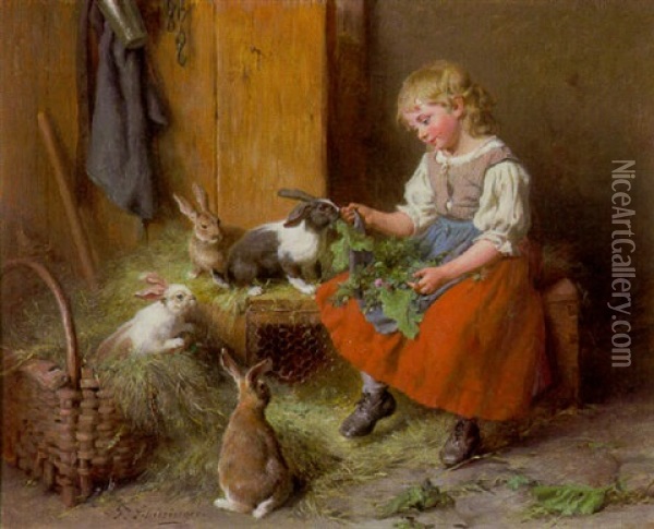Kleines Madchen Beim Futtern Von Vier Kaninchen Im Stall Oil Painting - Felix Schlesinger