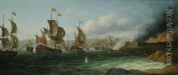 A Naval Battle Off The Coast Oil Painting - James Hardy