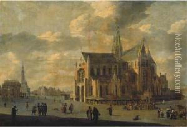 The Grote Markt With Saint Bavo's Cathedral, Haarlem Oil Painting - Gerrit Adriaensz Berckheyde
