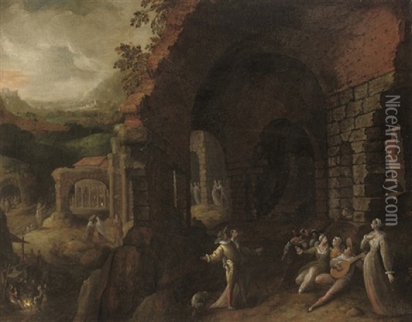 Elegant Company By Classical Ruins Oil Painting - Adriaen van Nieulandt the Elder