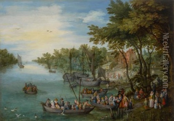 A Wooded River Landscape With A Landing Stage, Boats, Various Figures And A Village Beyond Oil Painting - Jan Brueghel the Elder