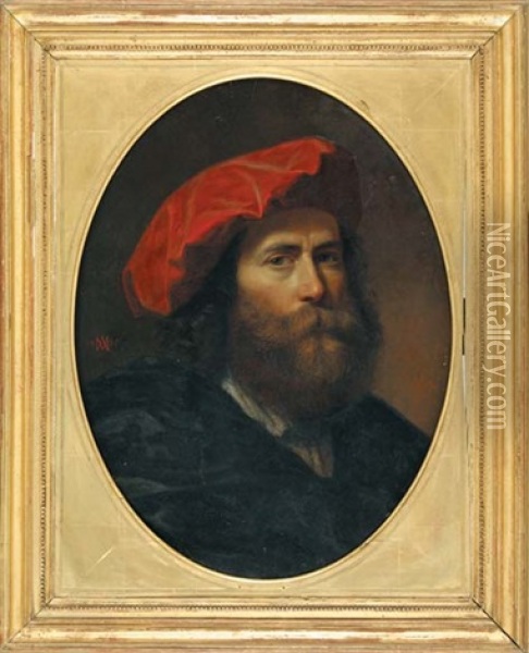 Autoportrait Au Bonnet Rouge Oil Painting - Andre (Count) de Mniszek
