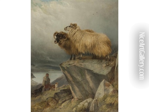 Sheep On A Crag With Ghillie And Dogs Below Oil Painting - Richard Ansdell