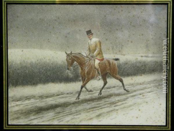Trotting Home In The Snow, An Equestrian Study Oil Painting - H Bird