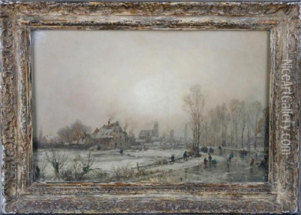 A Winter Scene With Skaters And Buildings Beyond Oil Painting - Alfred Sisley