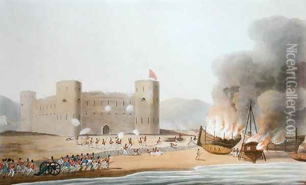 The Attack on the Fort of Luft, November 27th 1809, from Sixteen Views of Places in the Persian Gulph, taken in the Years 1809-10 illustrative of the Proceedings of the Forces employd on the expedition sent from Bombay, engraved by I. Clark, published Oil Painting - Temple, R.