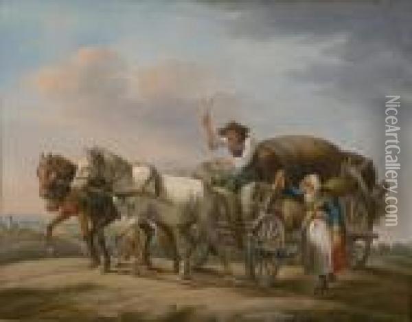 Dreispanniges Pferdefuhrwerk Auf Der Landstrase. Oil Painting - Johan Adam Klein