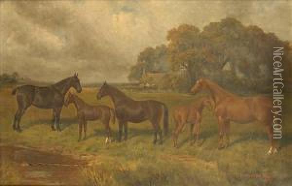 Hunters With Foals In A Summer Landscape Oil Painting - A. Clark