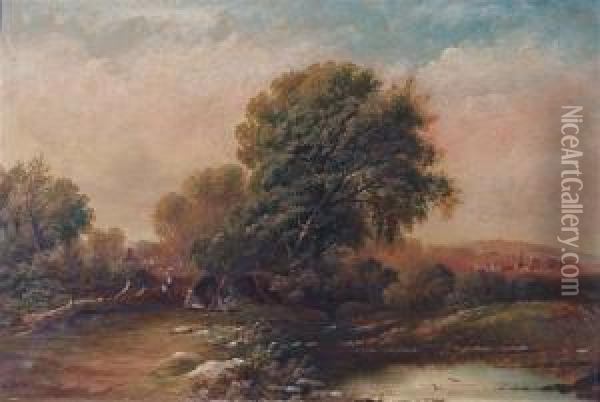 A Riverside Camp Fire Oil Painting - Joseph Horlor