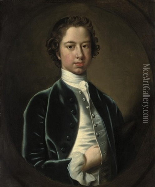 Portrait Of A Boy In A Blue Velvet Coat With A Grey Waistcoat And White Cravat Oil Painting - Thomas Bardwell
