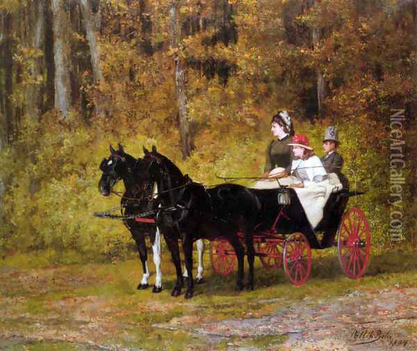 A Carridge Ride in the Forest Oil Painting - Bela Pallik