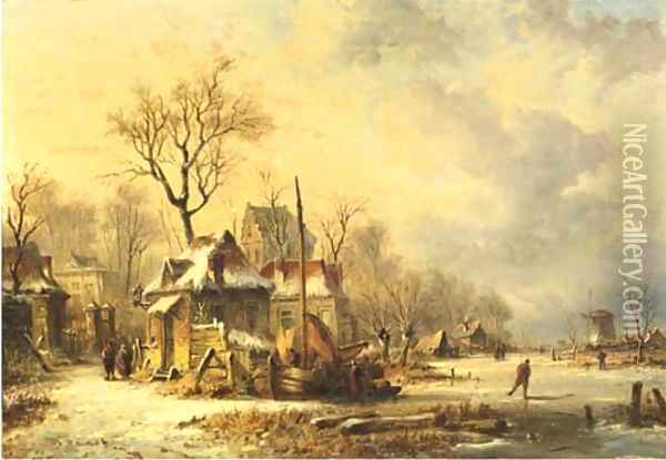 Winter houses by a frozen river at dusk Oil Painting - N.M. Wijdoogen