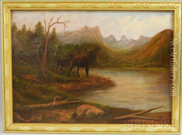 Landscape With Moose Oil Painting - John Fery