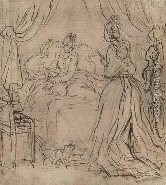 A Lady Receiving Visitors In Bed Oil Painting - Claude Louis Desrais