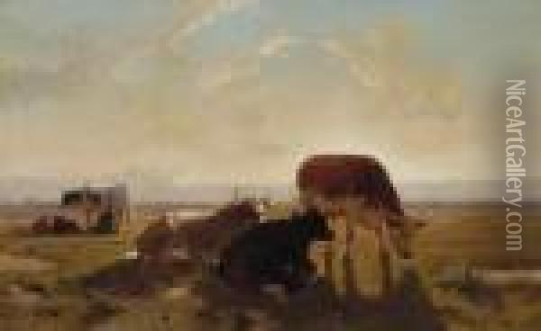 The Milking Of Thecows At Sunset Oil Painting - Louis Marie Dominique Romain Robbe