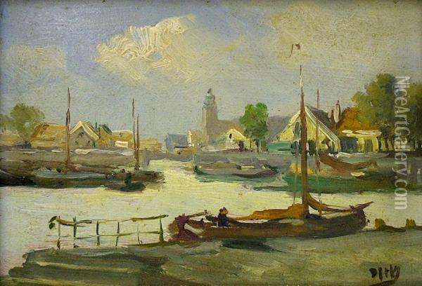 Harbour Scene With Boats And Buildings In The Distance Oil Painting - Andreas Dirks