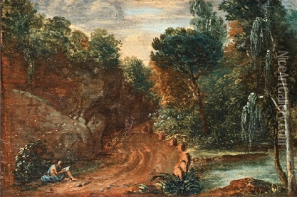 Klassiskt Landskap Med Lasande Filosof Vid En Flod Oil Painting - Louis Belanger