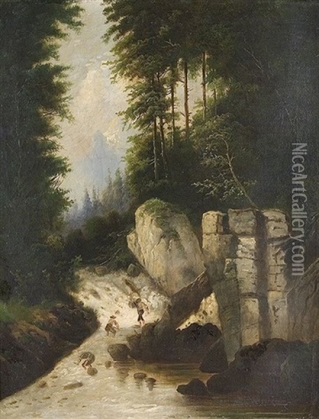 Am Fuse Des Wasserfalls Oil Painting - Friedrich J. Ehemant