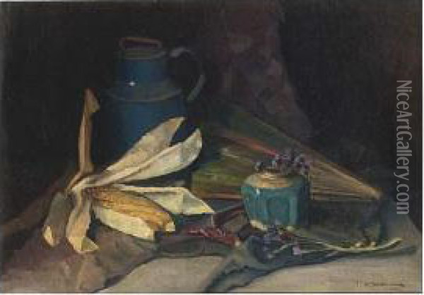 Still Life With A Fan And Ginger Jar Oil Painting - Frits Mondriaan