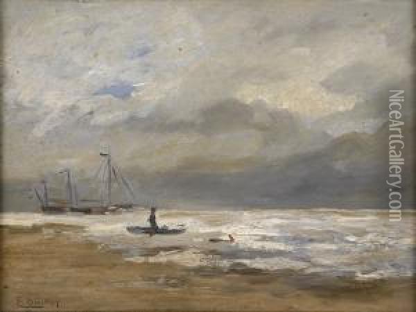 Anlandung Der Fischerboote. Oil Painting - Eugene Gustav Ducker