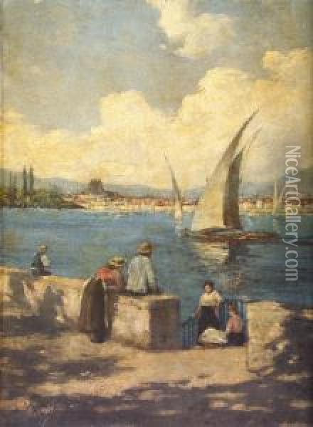 Figures In Port With Boats In Middle Ground Oil Painting - H. Warden