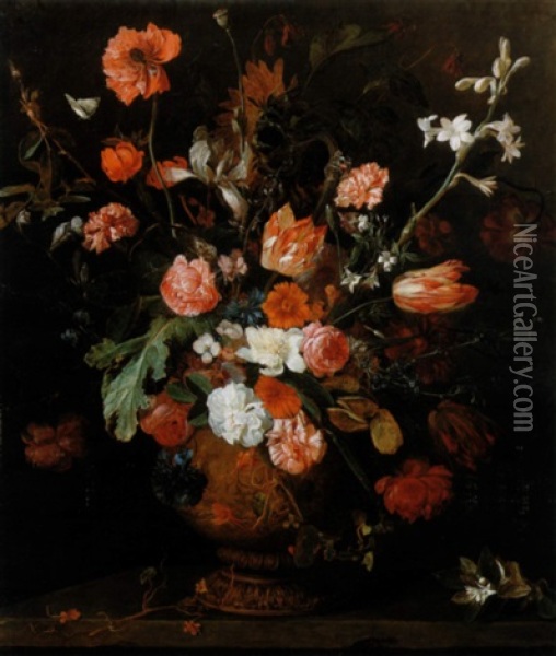 A Bouquet Of Summer Flowers Including Roses Tulips          Carnations Lilies And Irises In A Sculptured Urn Standing On Oil Painting - Nicolas de Largilliere