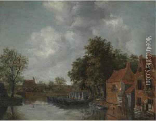 A View On A Canal In A Dutch Village With Barges Moared On The Quay Near Houses Oil Painting - Meindert Hobbema