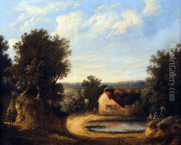 Norfolk Landscape With Figures By An Inn Oil Painting - Henry Ladbrooke